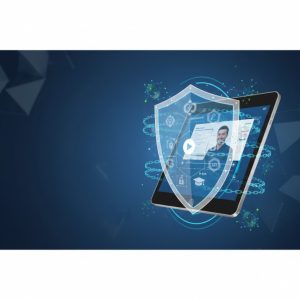 Secure online course videos protected by digital rights management and encryption technology, showing educational content surrounded by security shields and locks