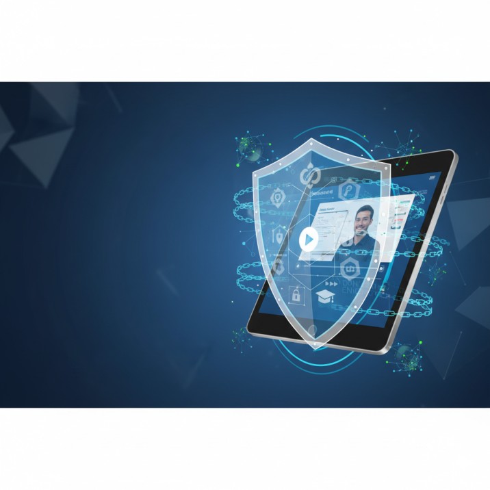 Secure online course videos protected by digital rights management and encryption technology, showing educational content surrounded by security shields and locks
