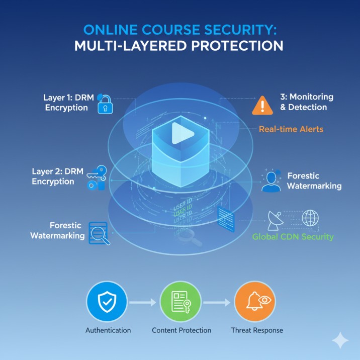 Multi-layered course content security diagram showing DRM encryption, forensic watermarking, and automated monitoring protecting educational videos