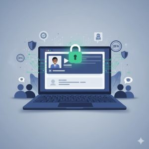 Professional illustration of online course security featuring a laptop with secure lock overlay, representing credential sharing prevention and educational content protection for course creators