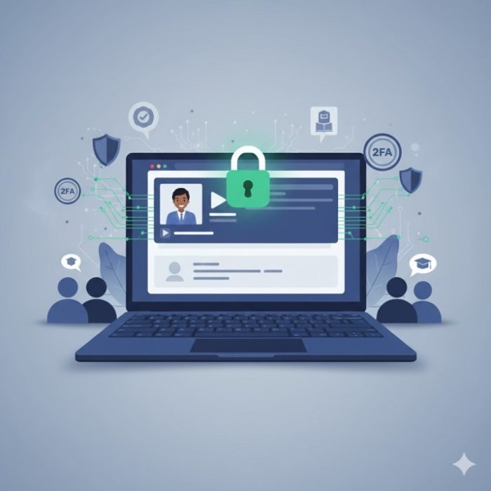 Professional illustration of online course security featuring a laptop with secure lock overlay, representing credential sharing prevention and educational content protection for course creators