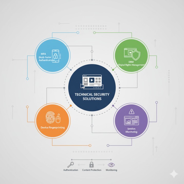 Technical infographic showing multiple layers of online course security including multi-factor authentication, DRM protection, device fingerprinting, and session monitoring