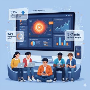 Video analytics dashboard showing student engagement metrics and heatmaps for online course optimization, with diverse learners using multiple devices