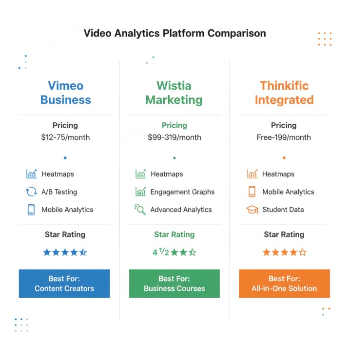 2025 video analytics platform pricing comparison chart showing Vimeo, Wistia, and Thinkific features and costs for online course creators