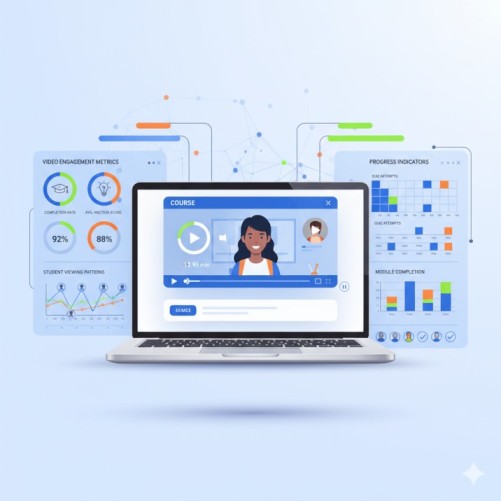 Video analytics dashboard showing student engagement metrics for online courses with completion rates, viewing patterns, and interactive learning data visualization