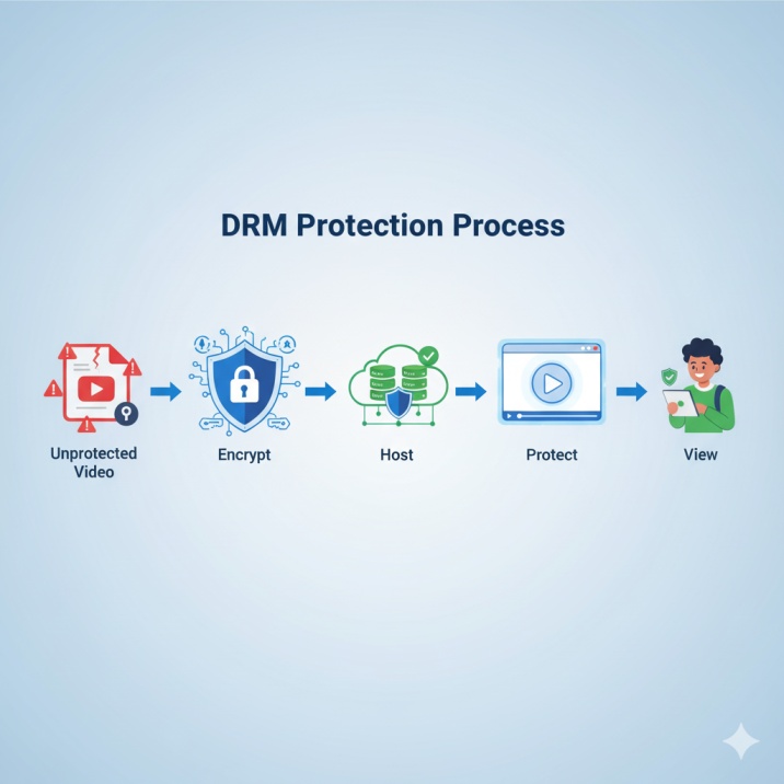 DRM video protection process diagram showing how coaches can secure online training videos with encryption, watermarking, and authorized access controls