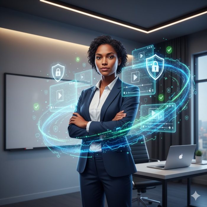 Professional coach implementing video security measures with DRM protection and digital locks safeguarding online coaching content from piracy