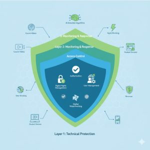 Digital course revenue protection illustration showing contrast between unprotected course content vulnerable to piracy and secured educational content with DRM protection, watermarking, and revenue growth indicators