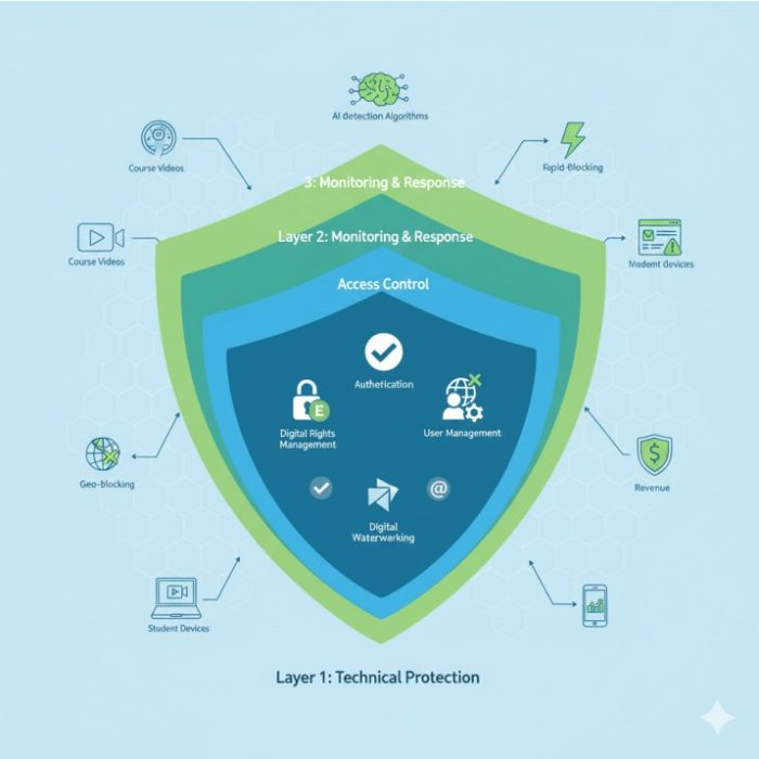 Digital course revenue protection illustration showing contrast between unprotected course content vulnerable to piracy and secured educational content with DRM protection, watermarking, and revenue growth indicators
