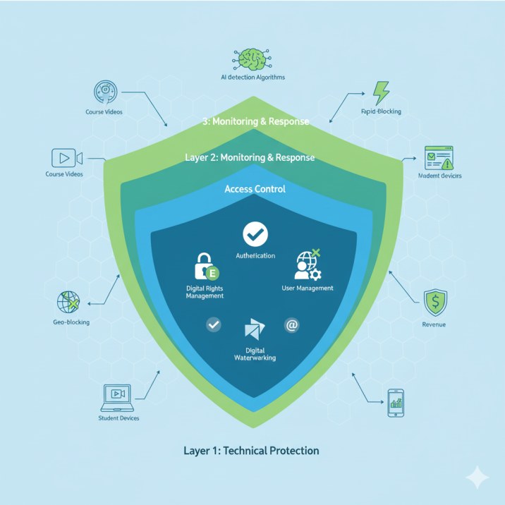 Digital course revenue protection illustration showing contrast between unprotected course content vulnerable to piracy and secured educational content with DRM protection, watermarking, and revenue growth indicators
