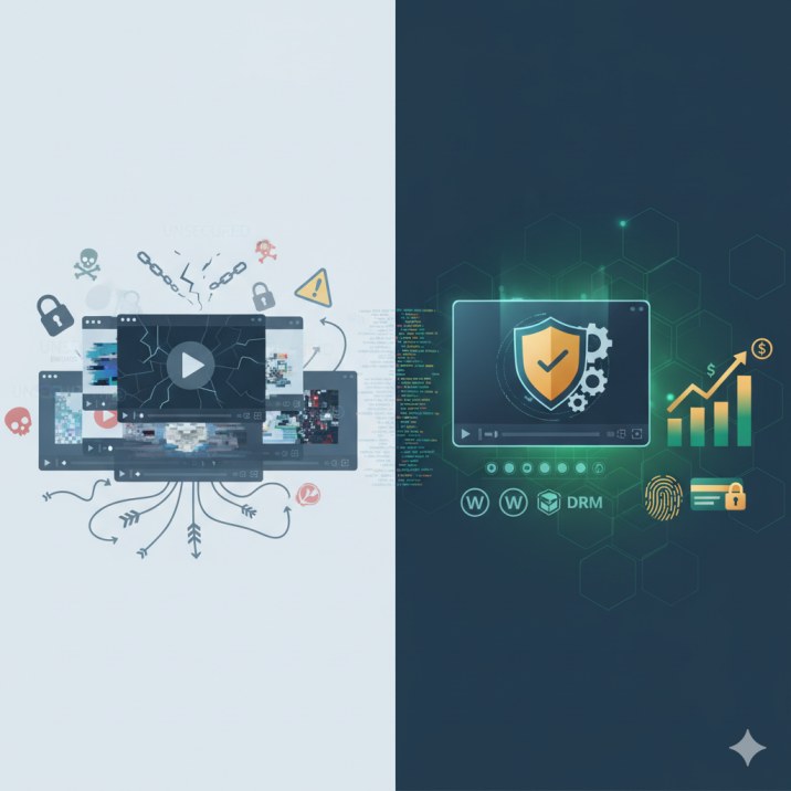 Multi-layered digital course security framework showing three protection layers: technical DRM protection, access control systems, and AI-powered monitoring for comprehensive course revenue protection
