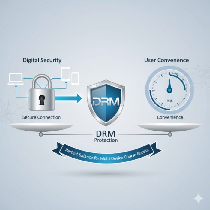 Infographic illustrating how Inkrypt Videos balances multi-device access convenience with strong DRM security using a central shield icon to protect streaming courses.