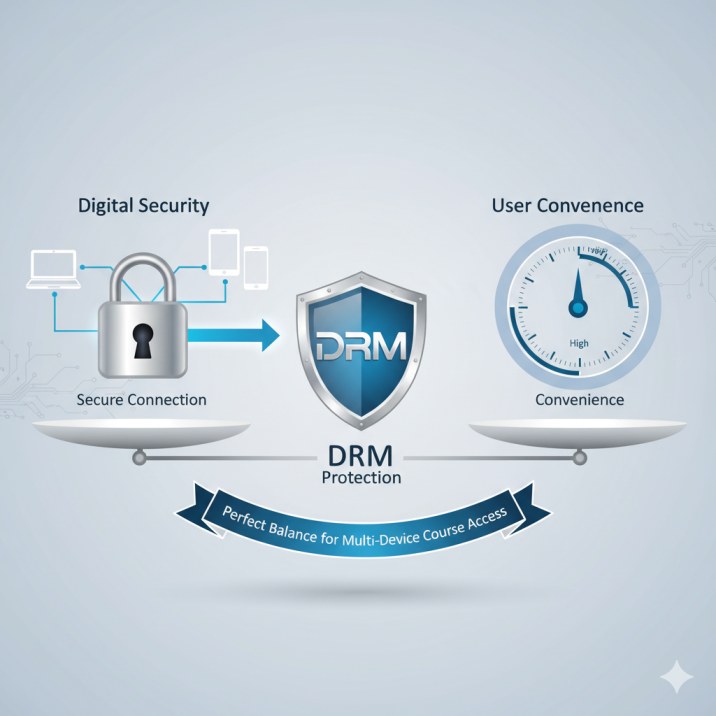 Infographic illustrating how Inkrypt Videos balances multi-device access convenience with strong DRM security using a central shield icon to protect streaming courses.