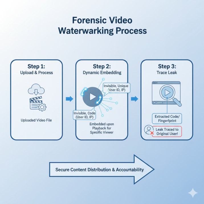 Step-by-step diagram of Forensic Watermarking technology, illustrating how a unique, invisible user ID is embedded in a video to trace the source of piracy and content leaks.