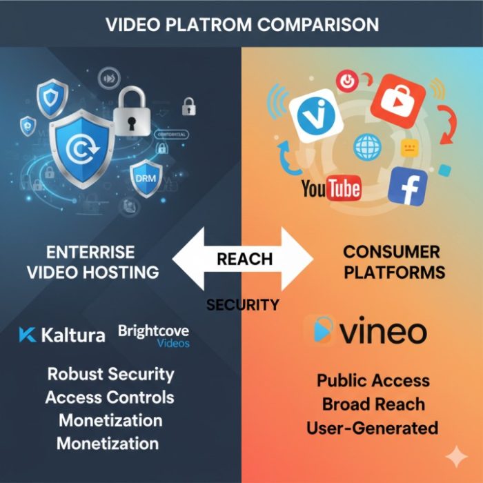 Video hosting comparison infographic showing enterprise security features versus consumer platform reach capabilities