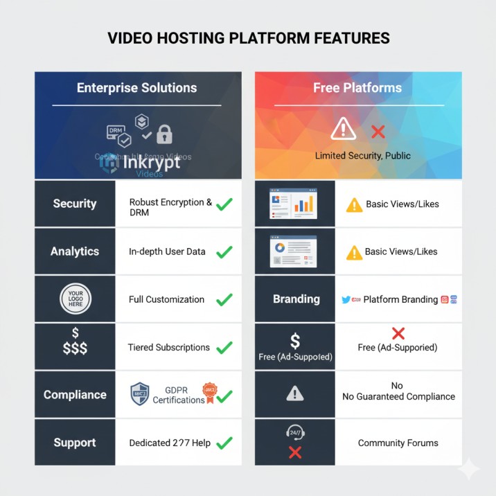Feature comparison chart between enterprise video hosting and free platforms showing security, analytics, branding, and compliance differences