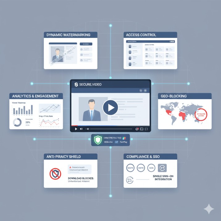 Comprehensive infographic showing enterprise video security features including DRM encryption, dynamic watermarking, access controls, and compliance capabilities