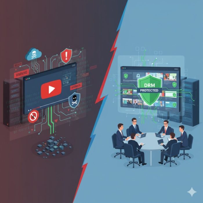 Split comparison showing insecure video platform with warning symbols versus secure enterprise video hosting with DRM protection and encryption shields